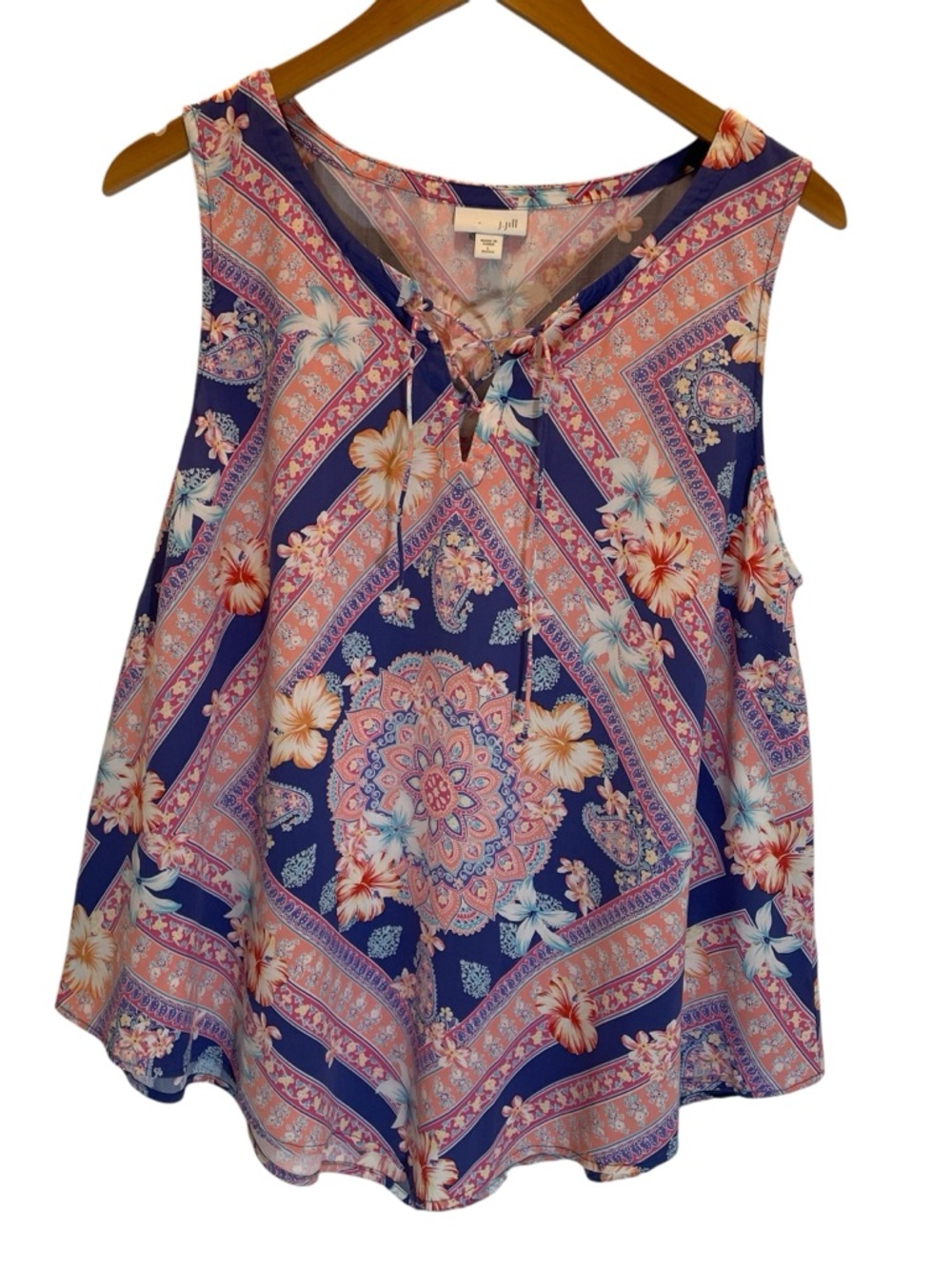 J. Jill Sleeveless Floral Medallion Tank Top Handkerchief Hem Pink Blue Size LP